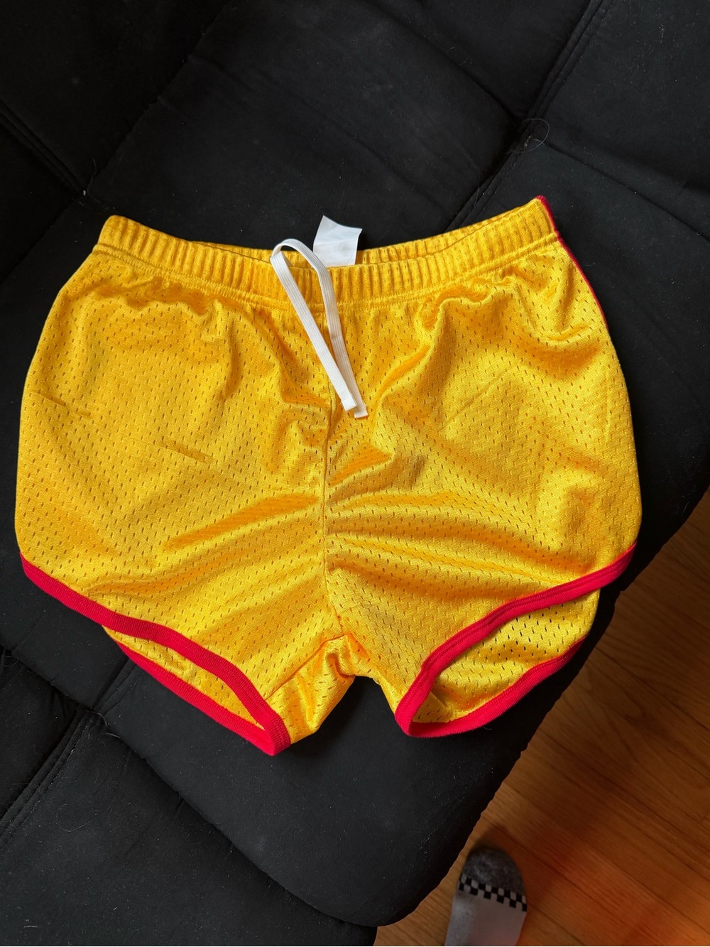 Yellow Mesh Athletic Shorts with Red Trim